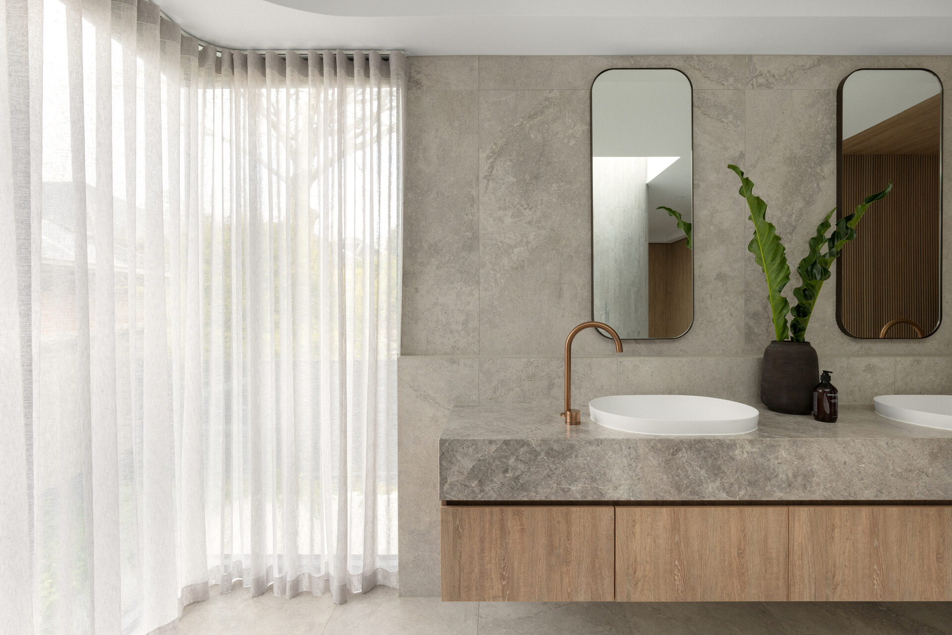 Ensuite with sheer curtains and blockout blinds β Berwick