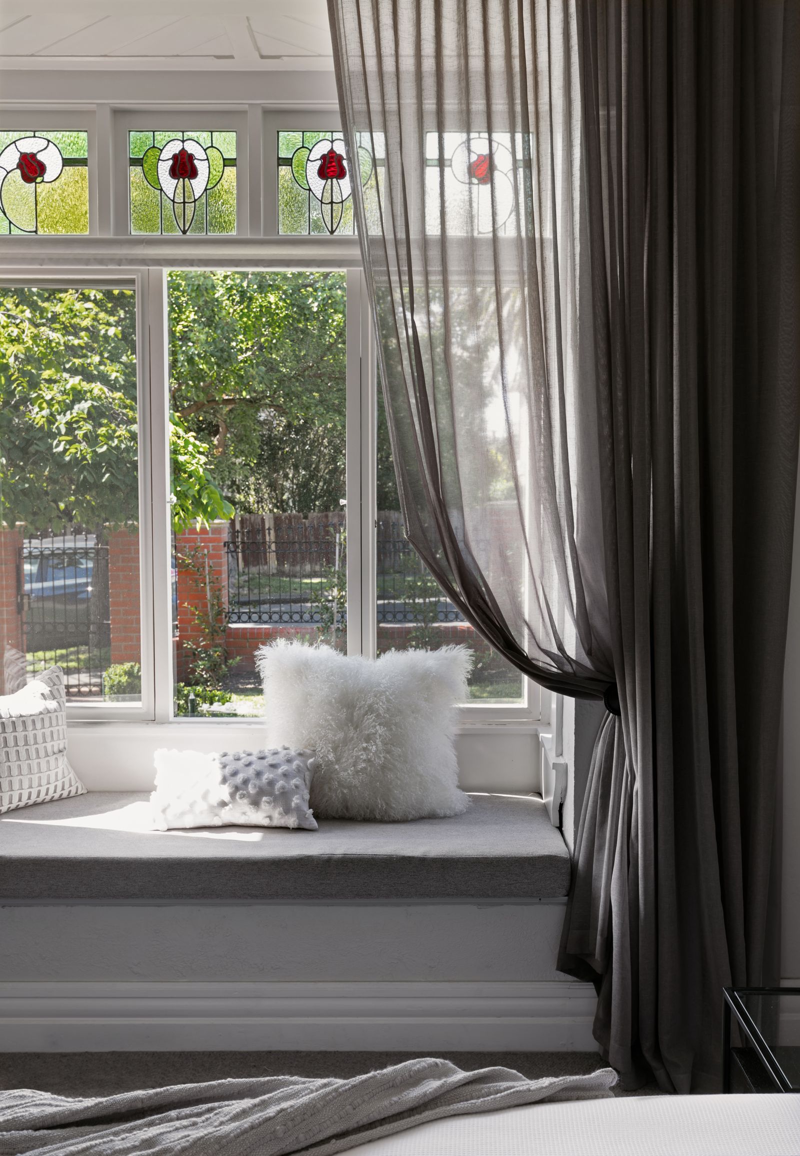 Sheers framing original windows in an Edwardian Elsternwick lounge