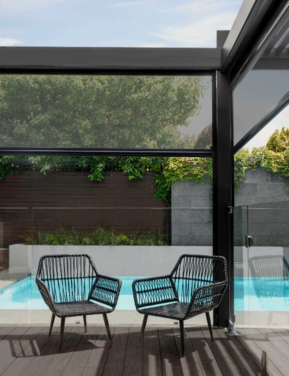Sunscreen mesh outdoor blind shading a Melbourne poolside deck
