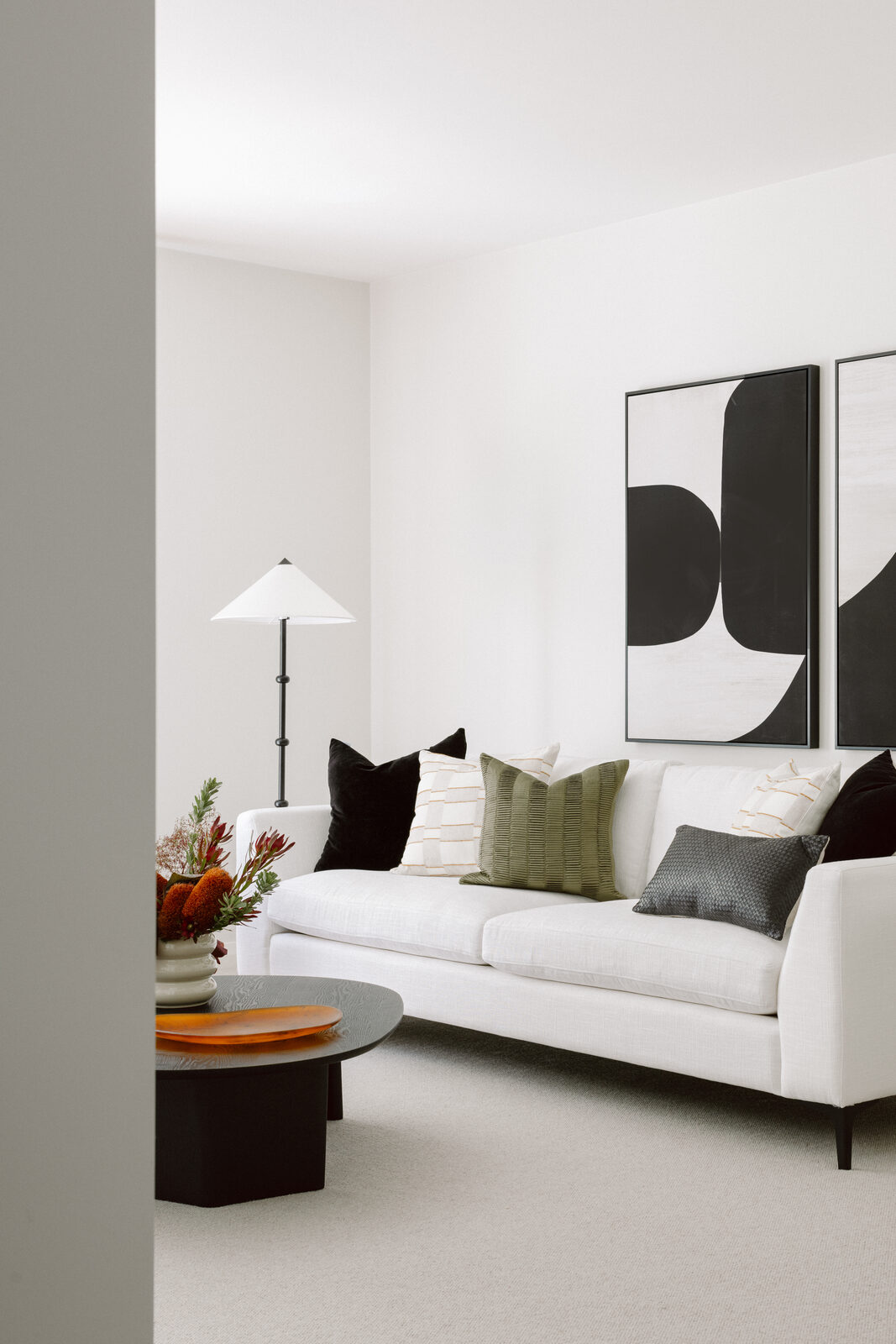 Hawthorn East — warm orange formal living room with sheer drapery