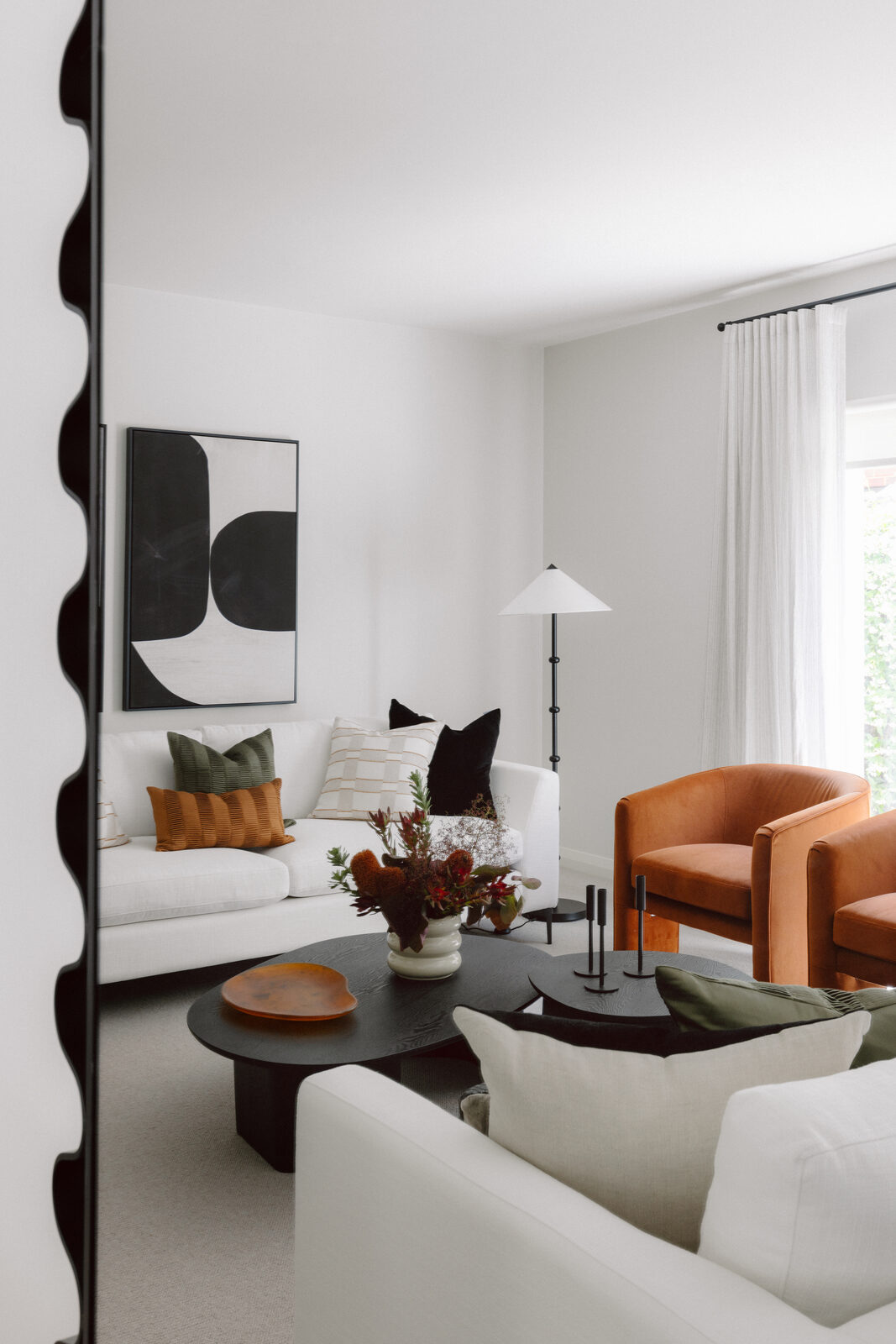 Hawthorn East — formal living detail with linen Mocam sheer fabric