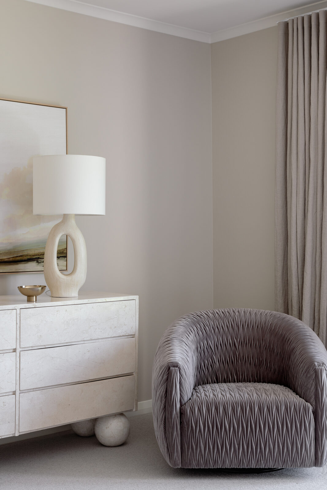 Hawthorn East — master bedroom with S-fold stonewashed linen drapery