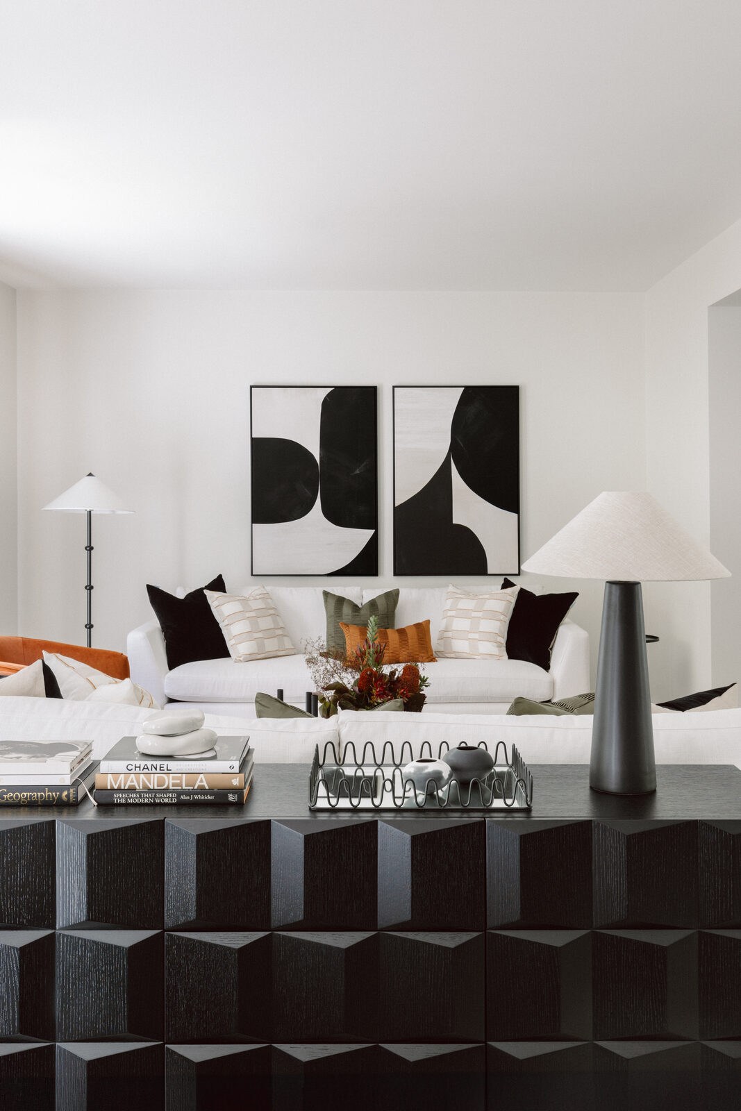 Hawthorn East — asphalt white linen sheers in olive sitting room